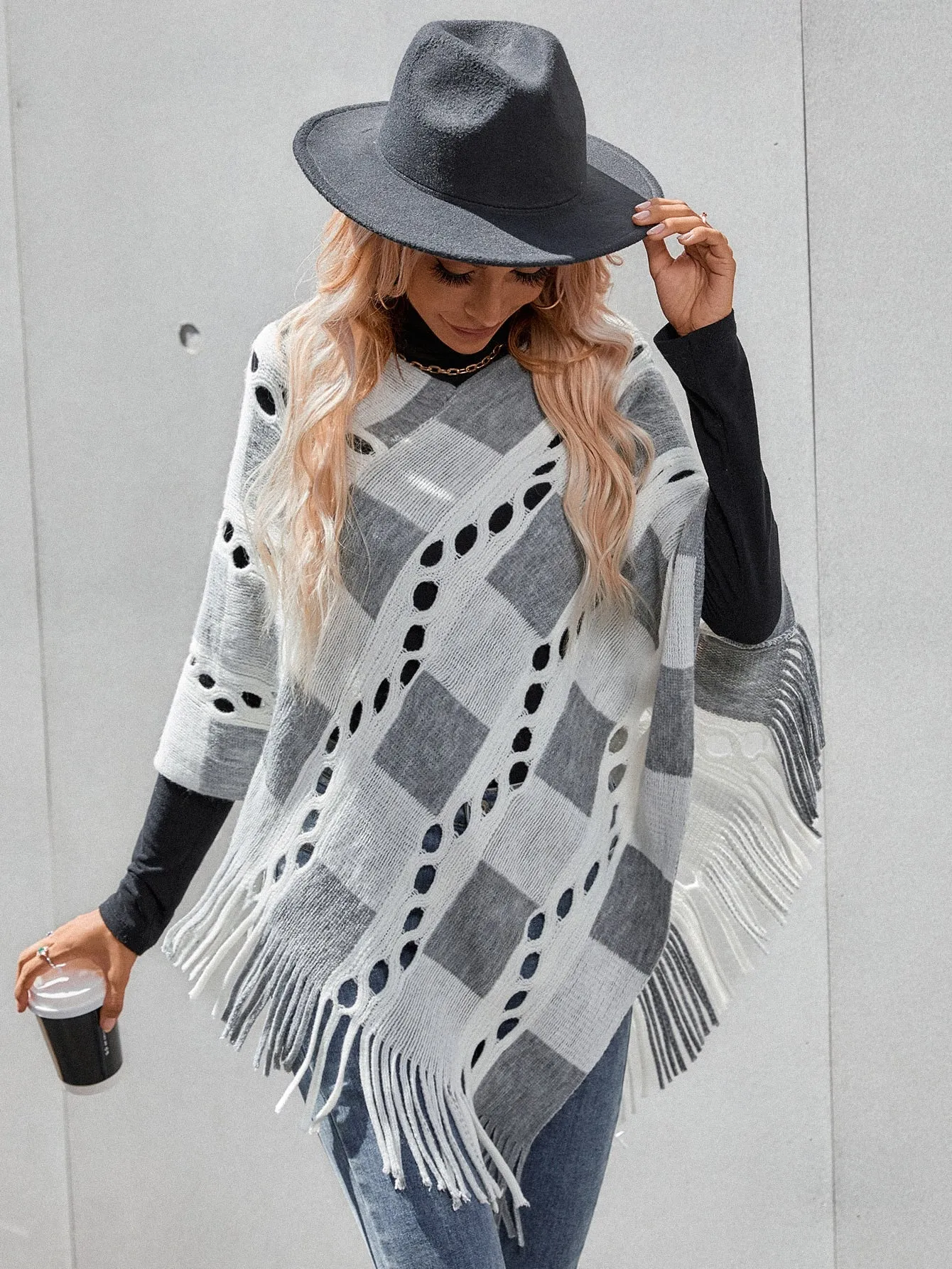 Casual Gingham Fringe Three Quarter Length Sleeve V Neck Asymmetrical Long Women Sweater