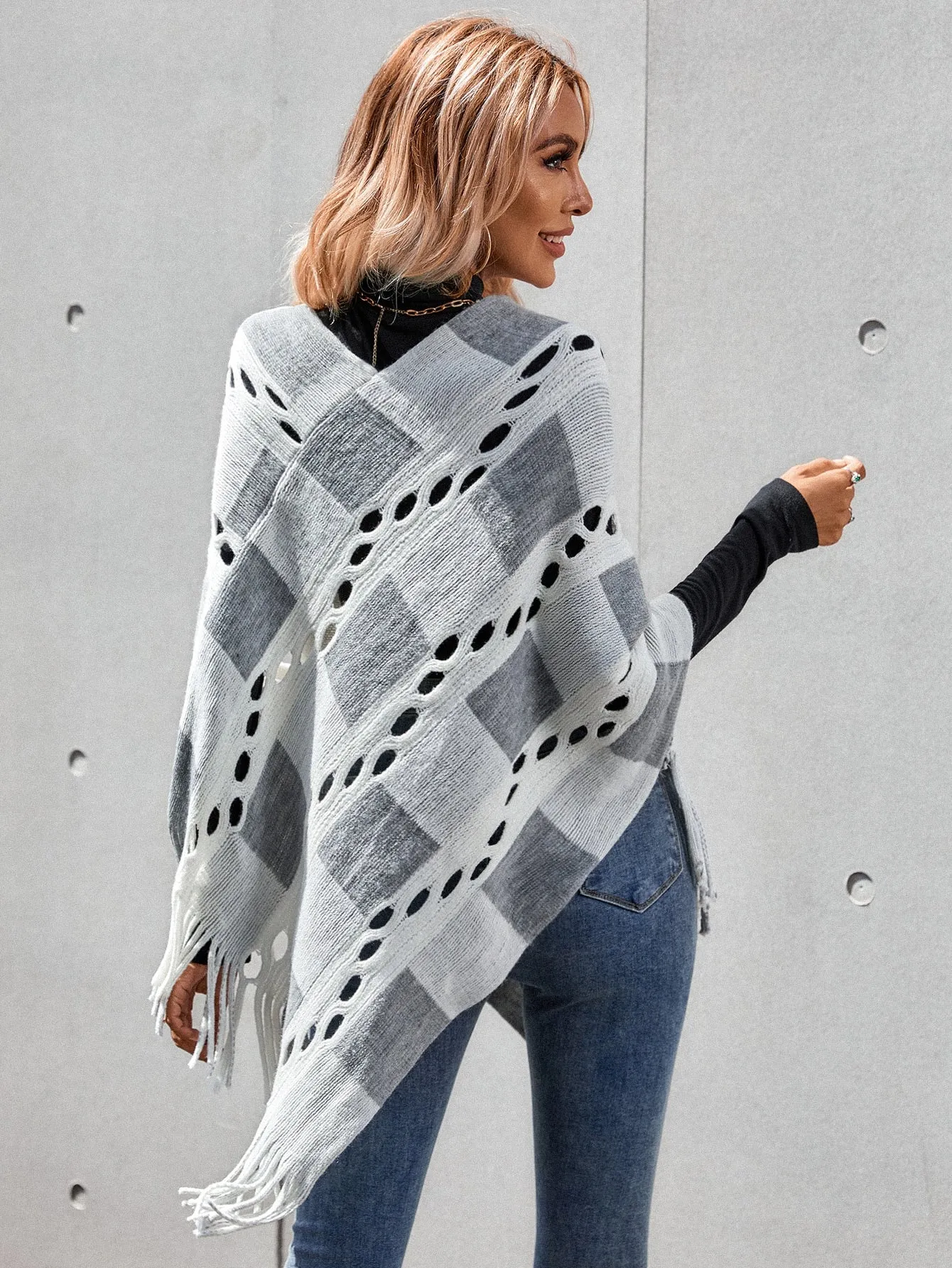 Casual Gingham Fringe Three Quarter Length Sleeve V Neck Asymmetrical Long Women Sweater