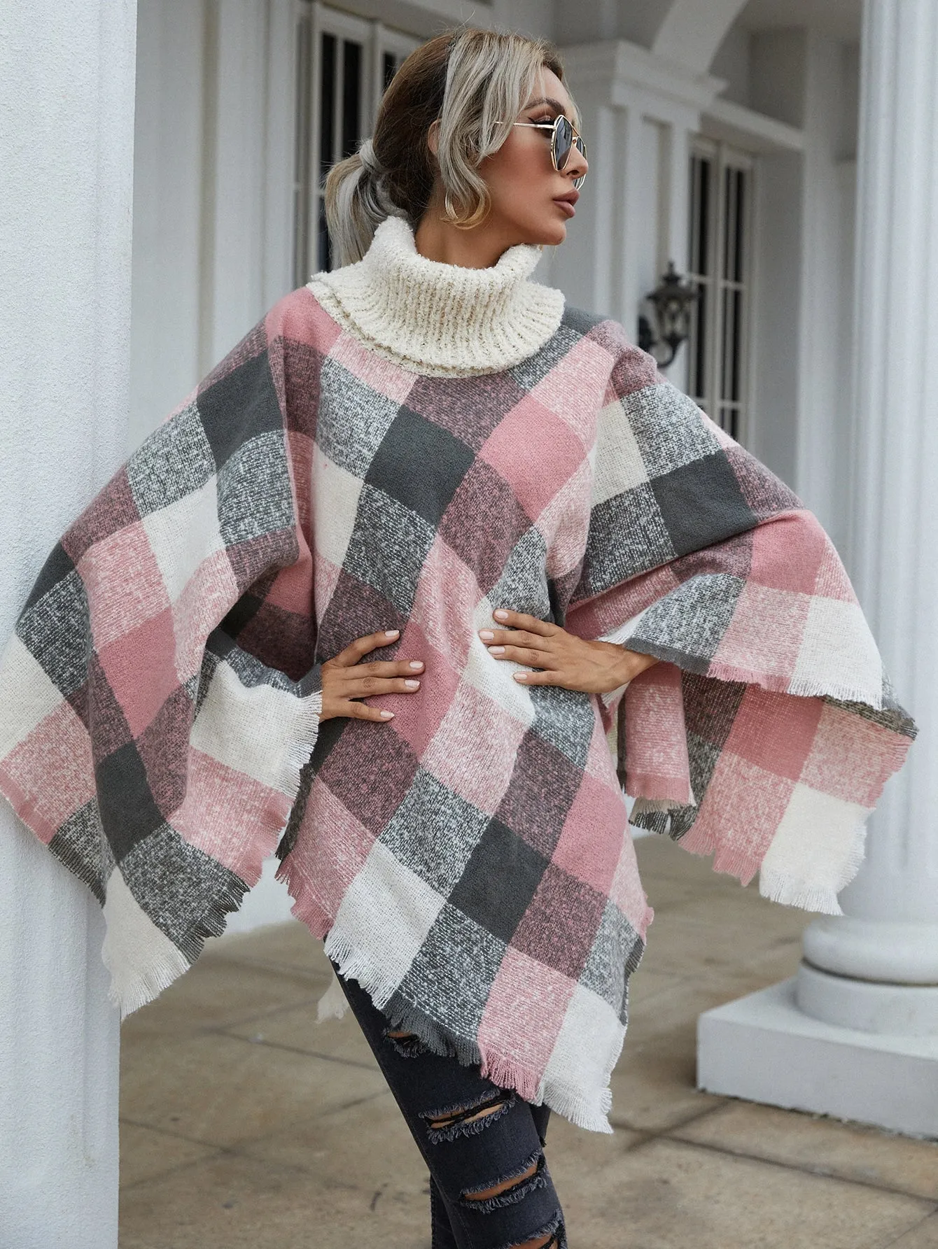Casual Plaid Long Sleeve High Neck Long Women Sweater