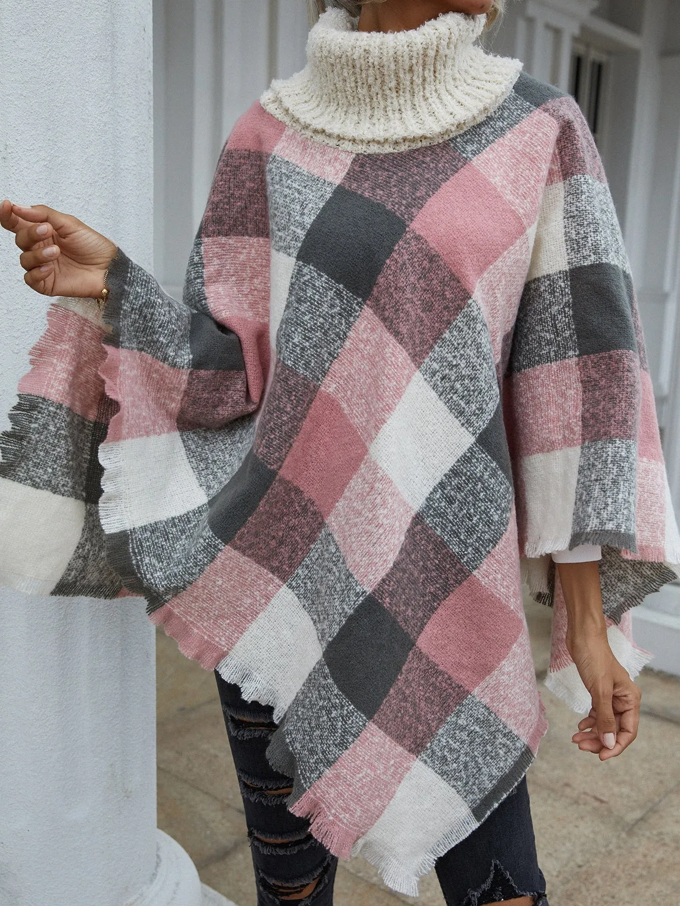 Casual Plaid Long Sleeve High Neck Long Women Sweater