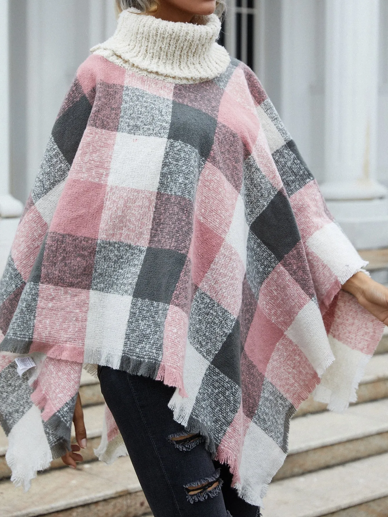 Casual Plaid Long Sleeve High Neck Long Women Sweater