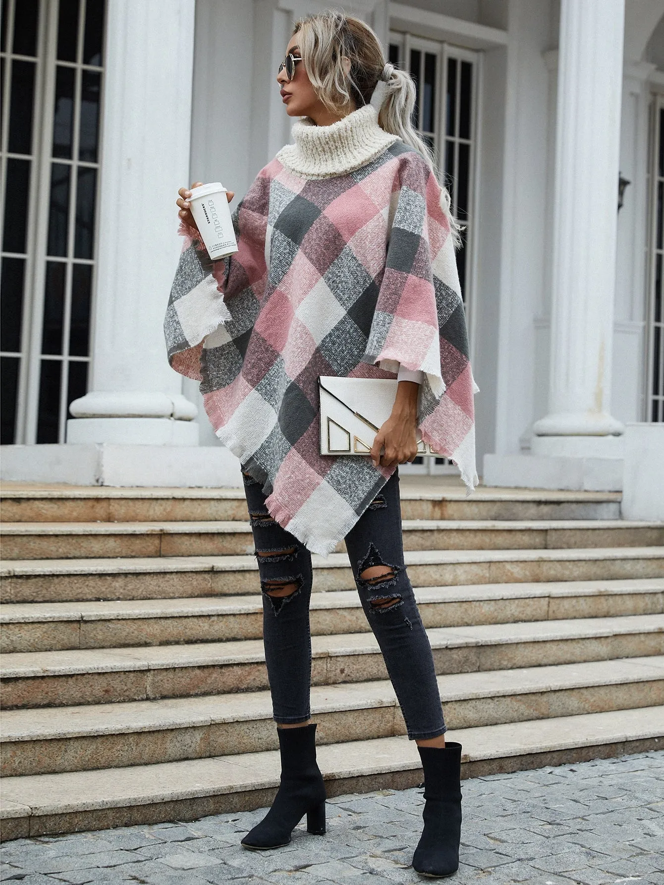 Casual Plaid Long Sleeve High Neck Long Women Sweater