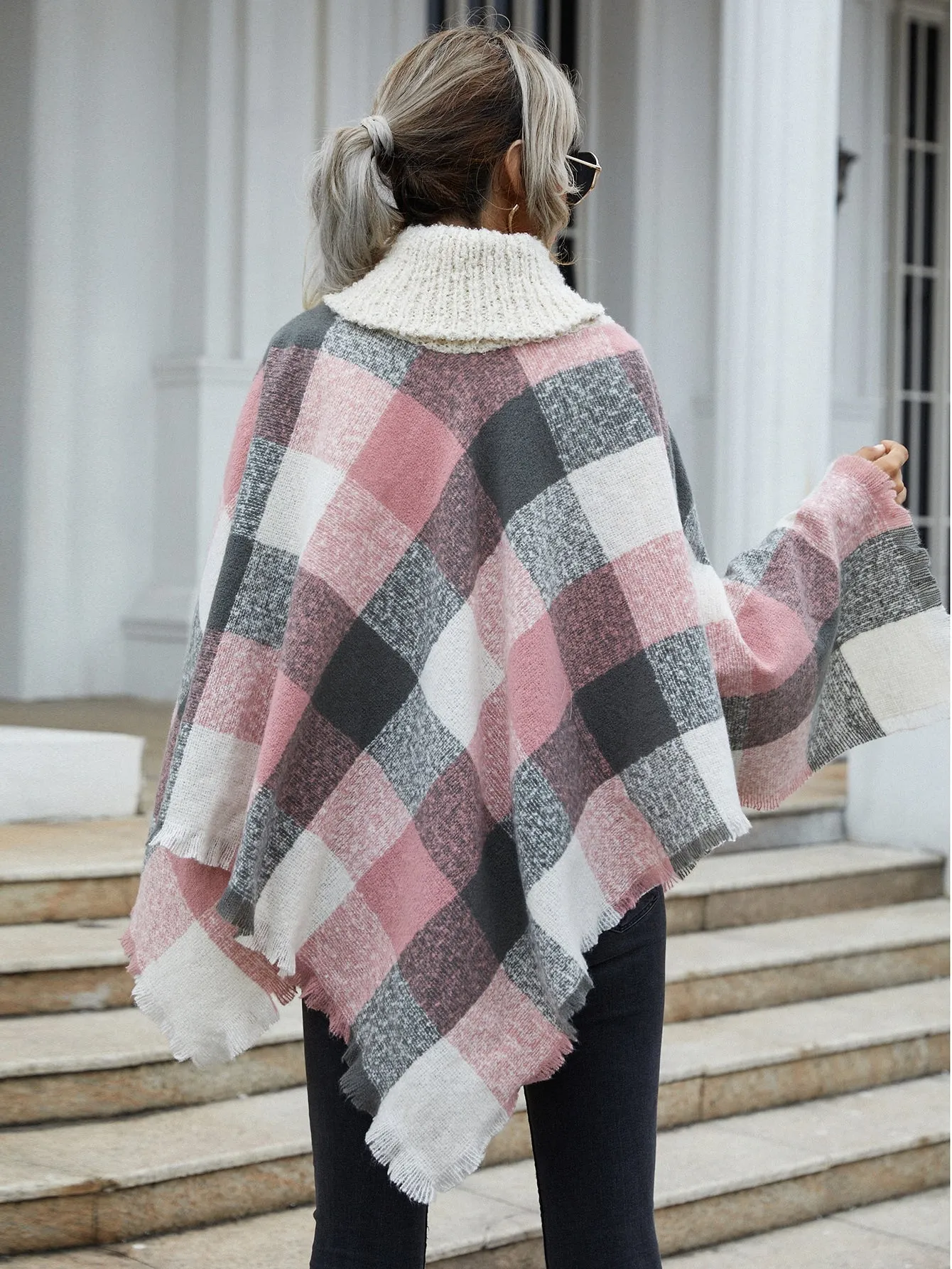 Casual Plaid Long Sleeve High Neck Long Women Sweater