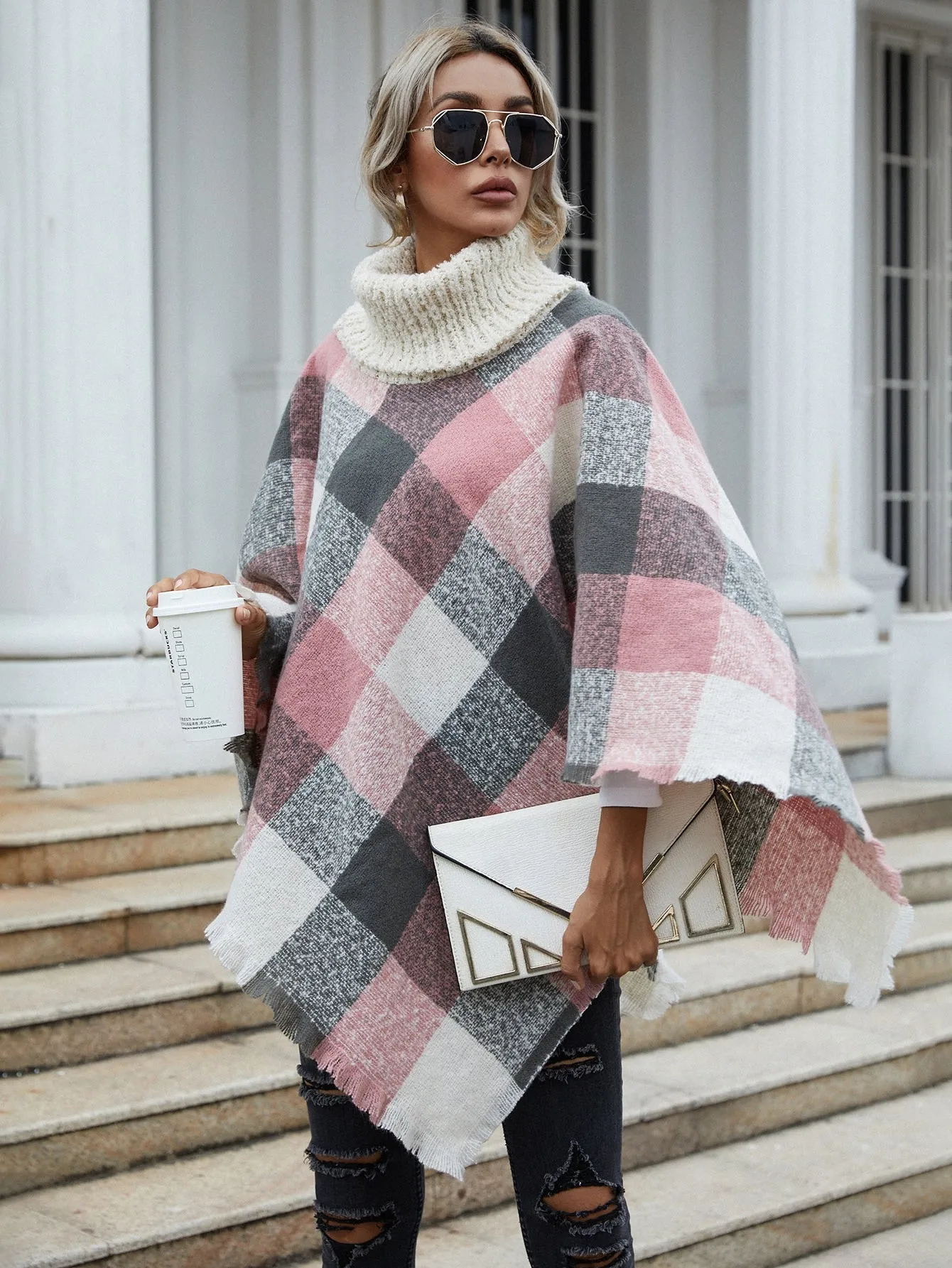 Casual Plaid Long Sleeve High Neck Long Women Sweater