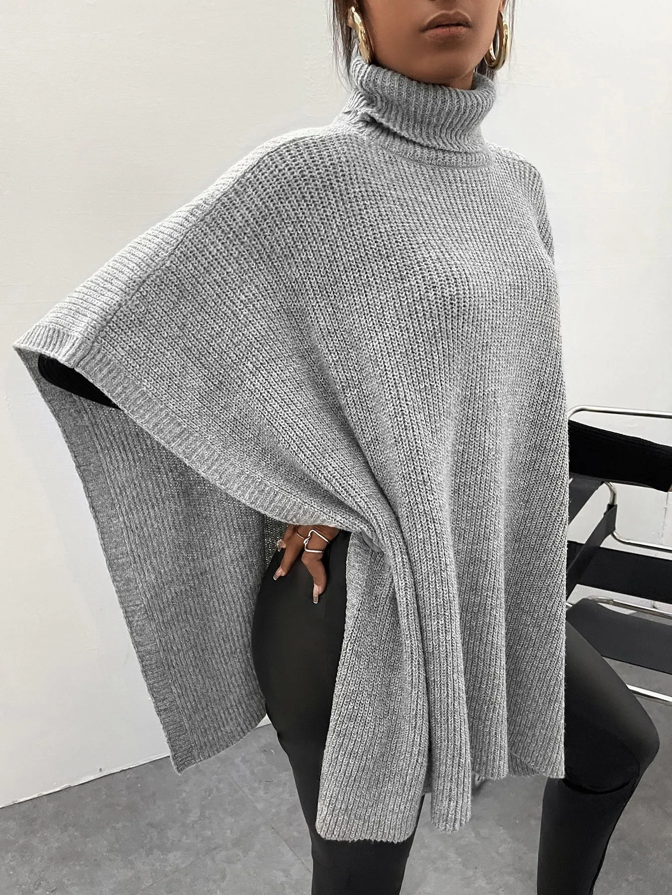 Casual Plain Asymmetrical Three Quarter Length Sleeve High Neck Asymmetrical Long Women Sweater