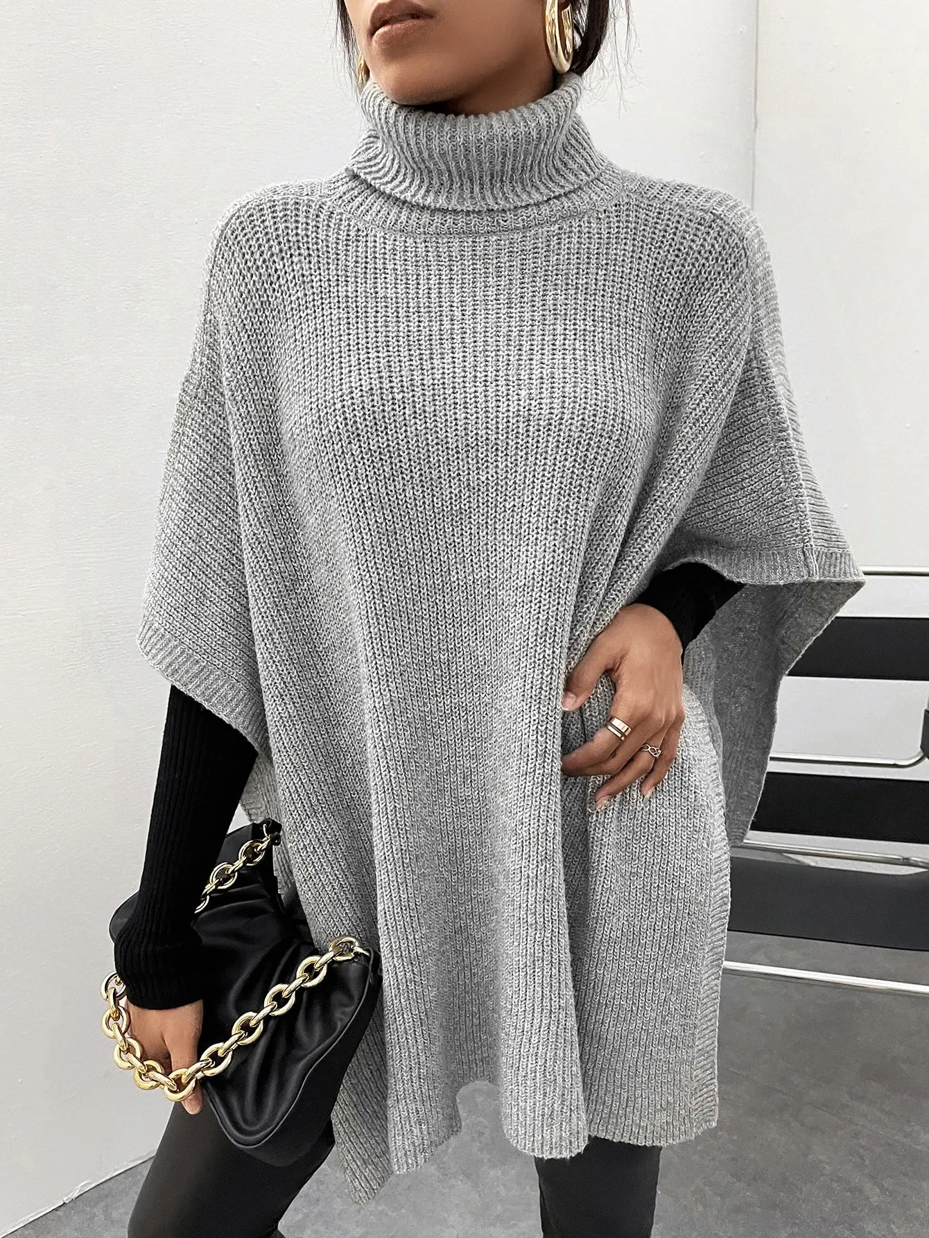 Casual Plain Asymmetrical Three Quarter Length Sleeve High Neck Asymmetrical Long Women Sweater