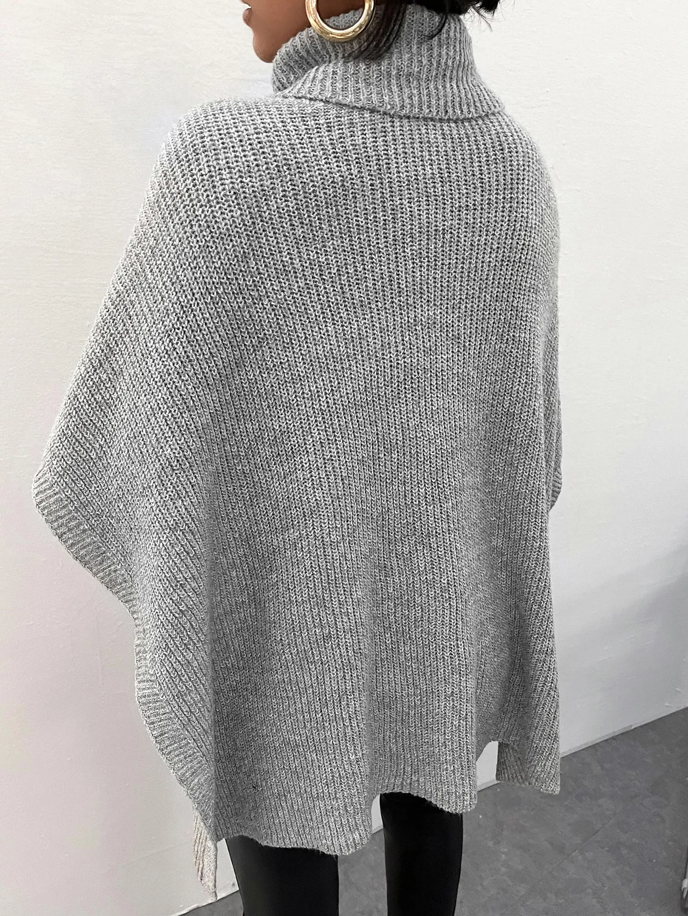 Casual Plain Asymmetrical Three Quarter Length Sleeve High Neck Asymmetrical Long Women Sweater