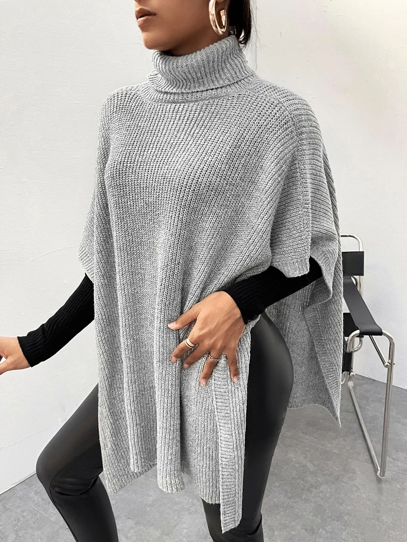 Casual Plain Asymmetrical Three Quarter Length Sleeve High Neck Asymmetrical Long Women Sweater