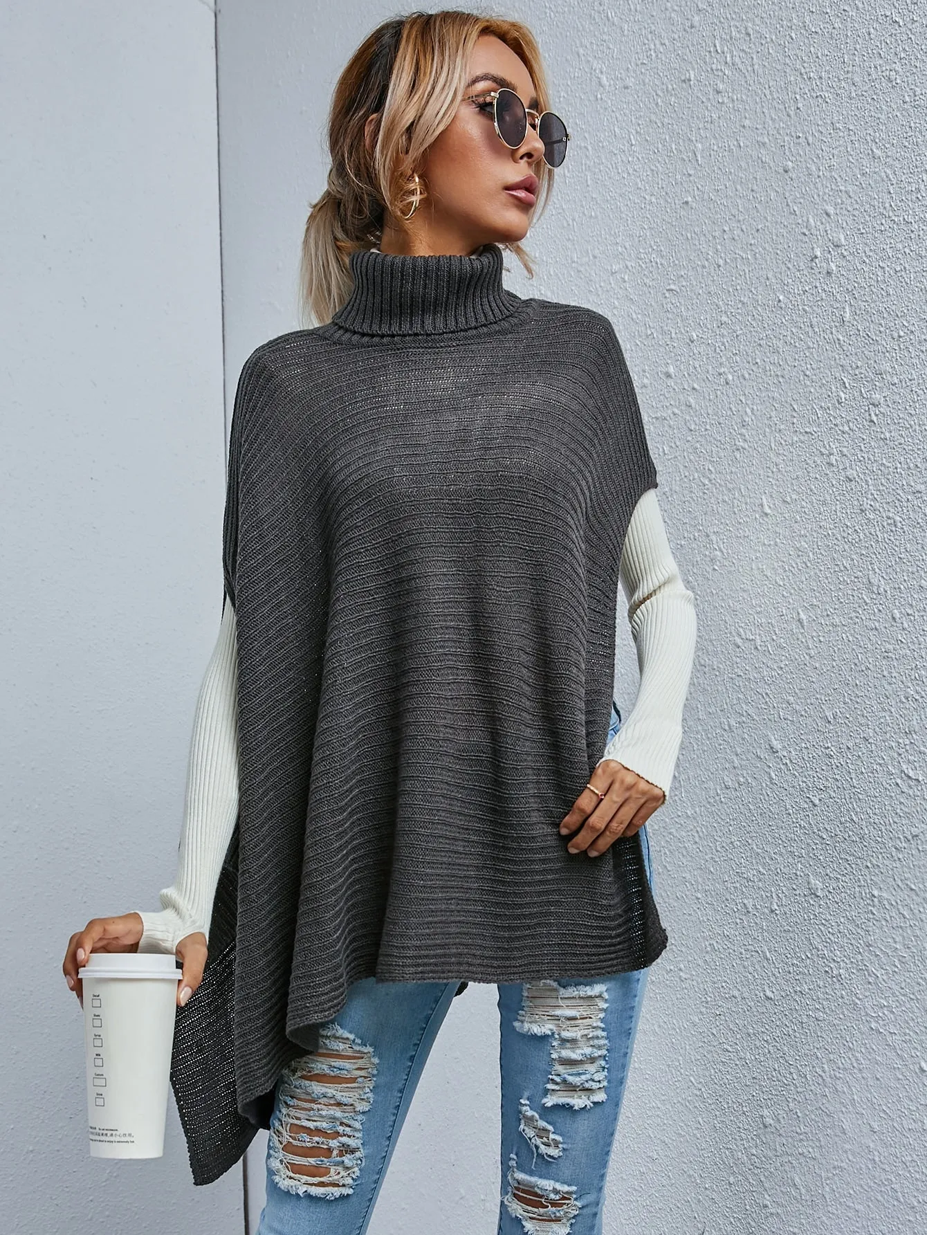 Casual Plain Rib-Knit Long Sleeve High Neck Asymmetrical Long Women Sweater