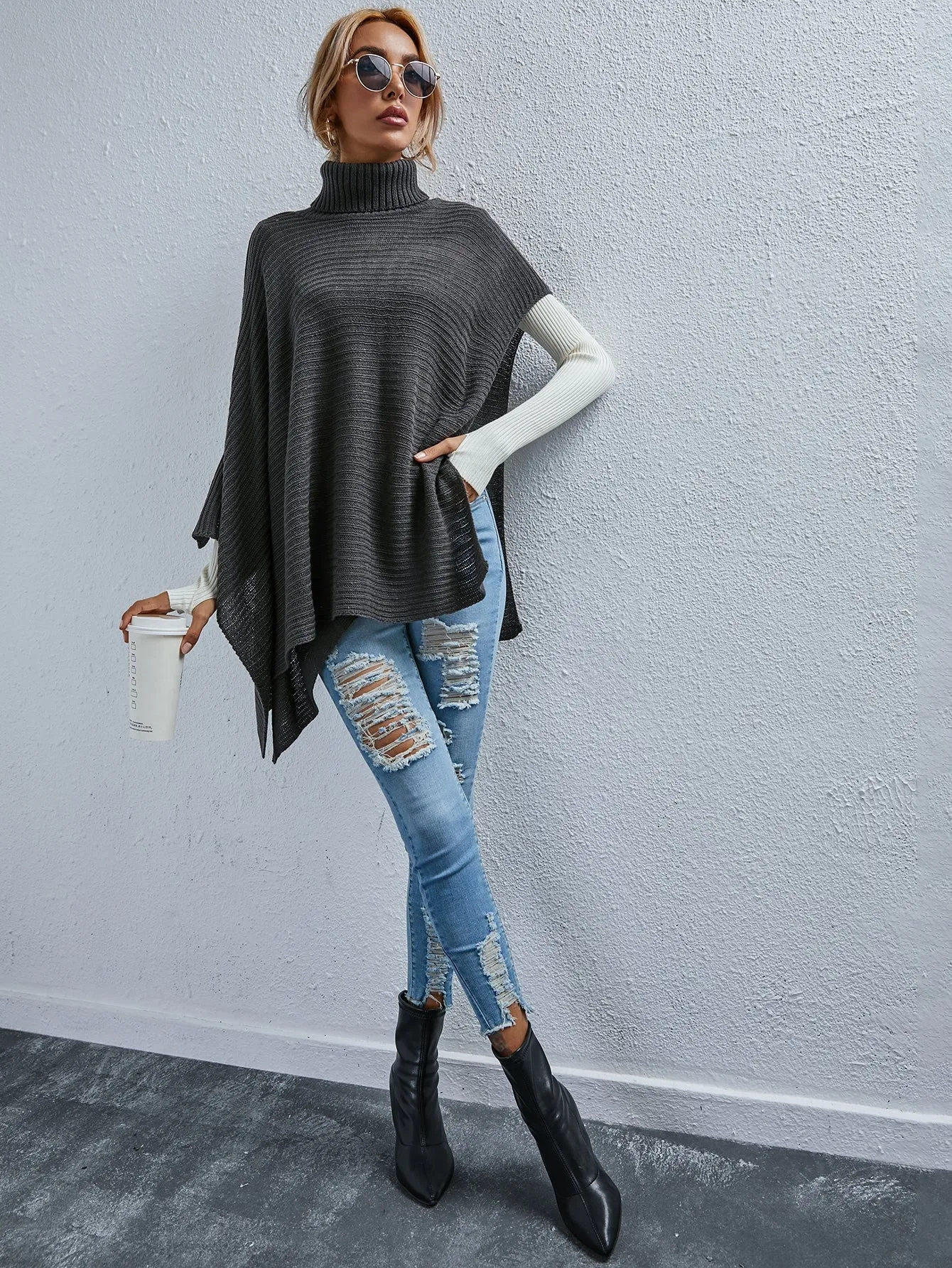 Casual Plain Rib-Knit Long Sleeve High Neck Asymmetrical Long Women Sweater
