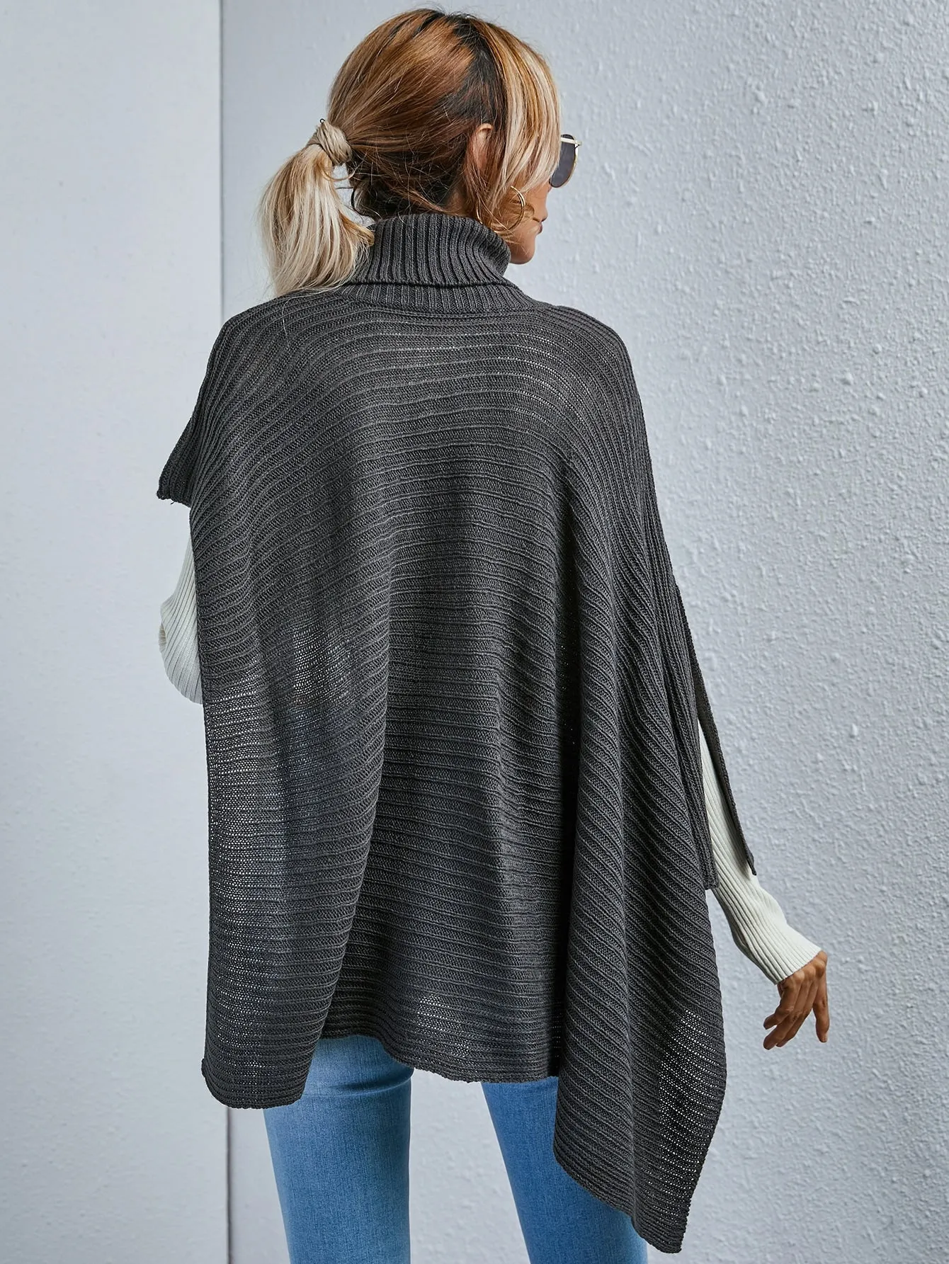 Casual Plain Rib-Knit Long Sleeve High Neck Asymmetrical Long Women Sweater