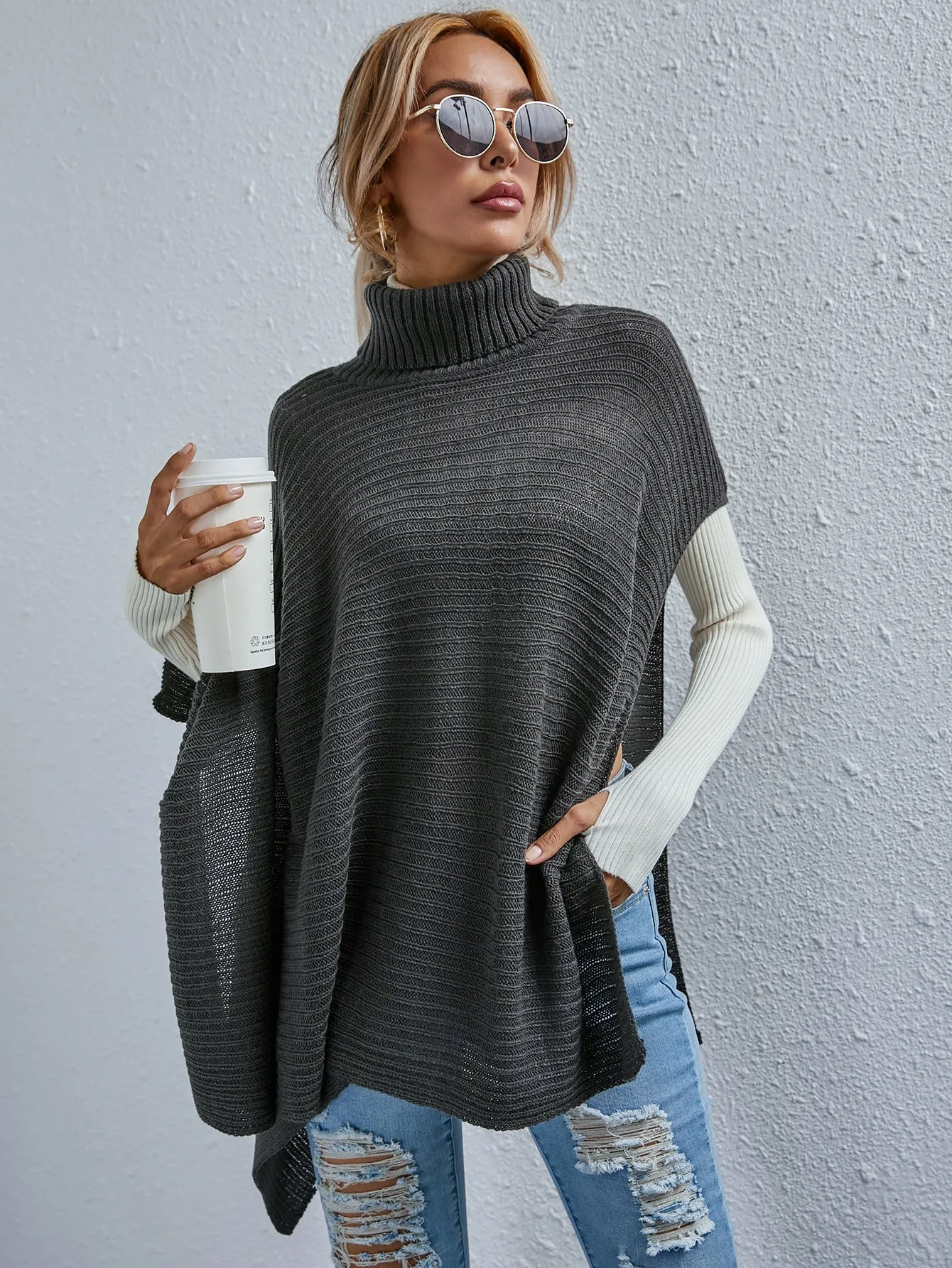 Casual Plain Rib-Knit Long Sleeve High Neck Asymmetrical Long Women Sweater