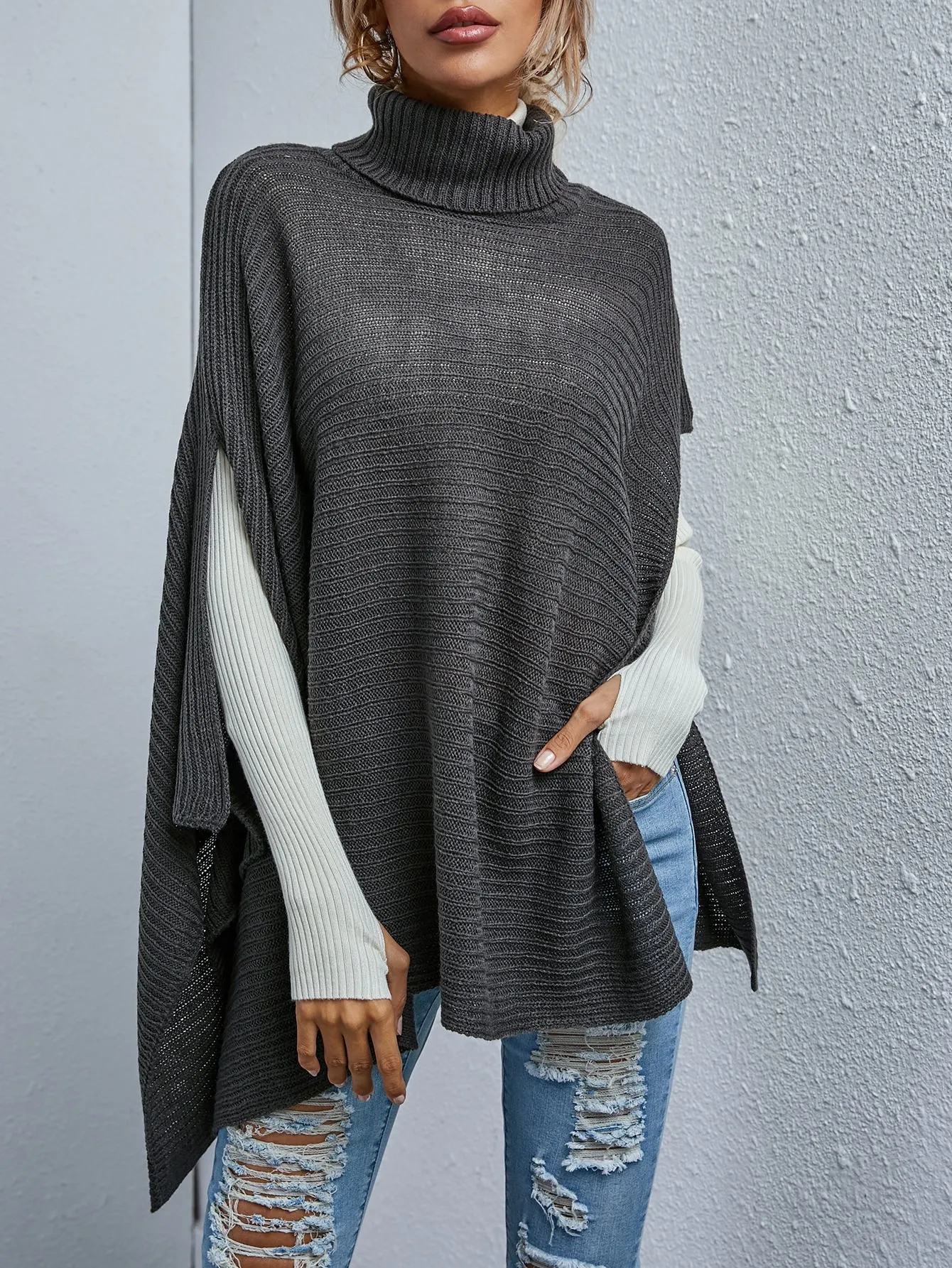 Casual Plain Rib-Knit Long Sleeve High Neck Asymmetrical Long Women Sweater