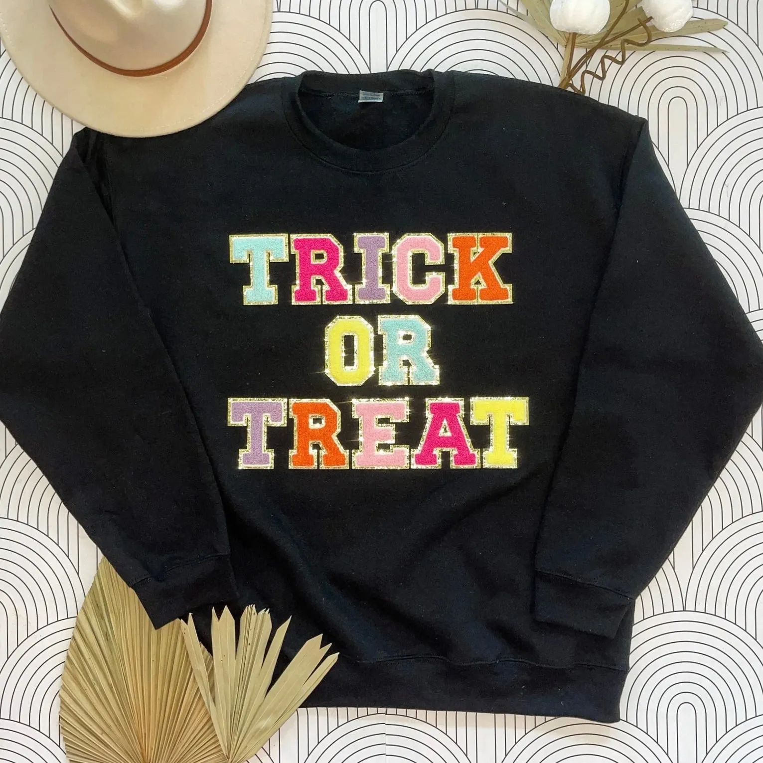 Chenille Letter Sweatshirt, TRICK OR TREAT