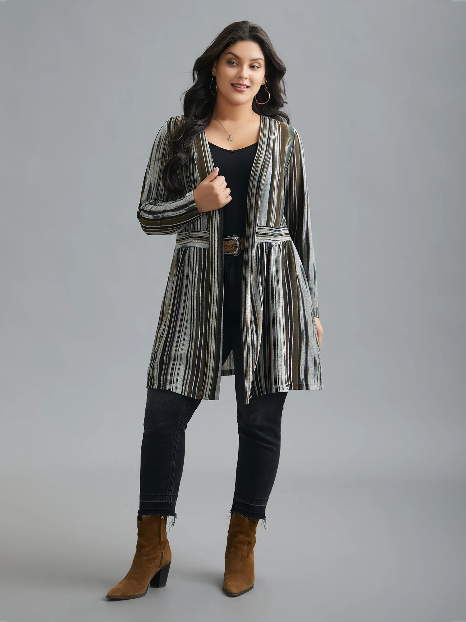 Colored Striped Open Front Waist Defining Jacket