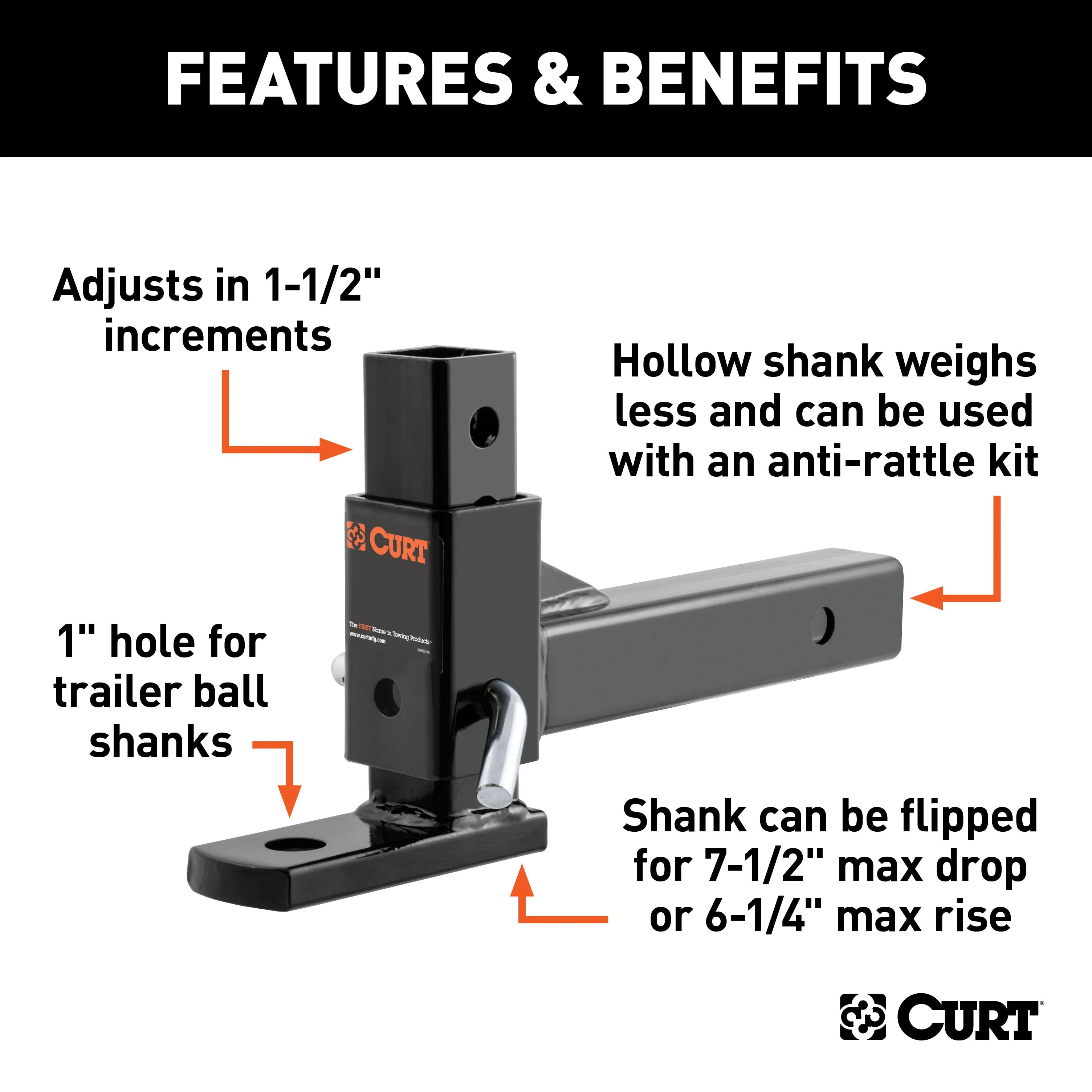 CURT 45812 Adjustable Ball Mount (2in. Shank; 1in. Ball Hole)