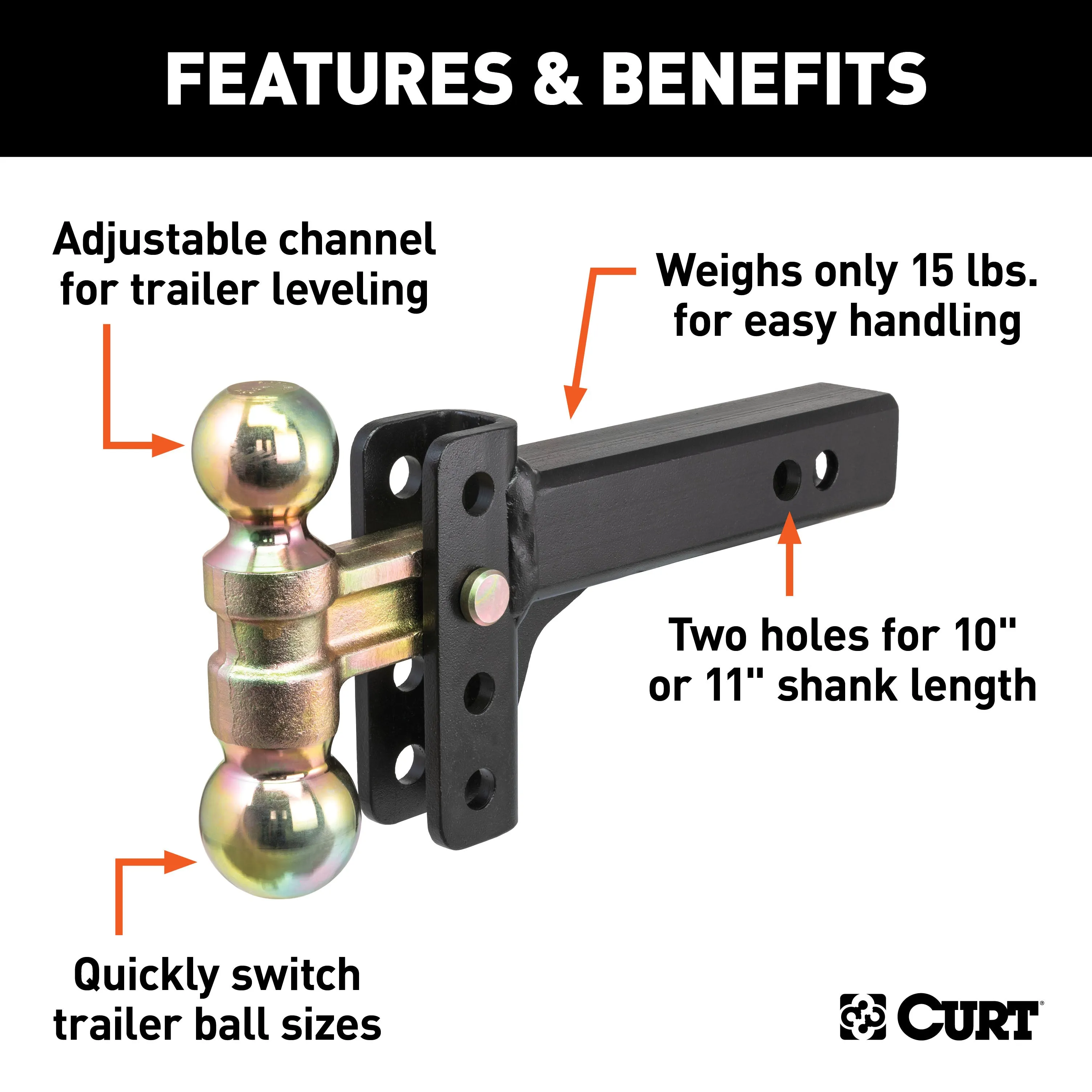CURT 45903 Slim Adjustable Channel Mount with Dual Ball (2in. Shank; 10K; 3-3/4in. Drop)