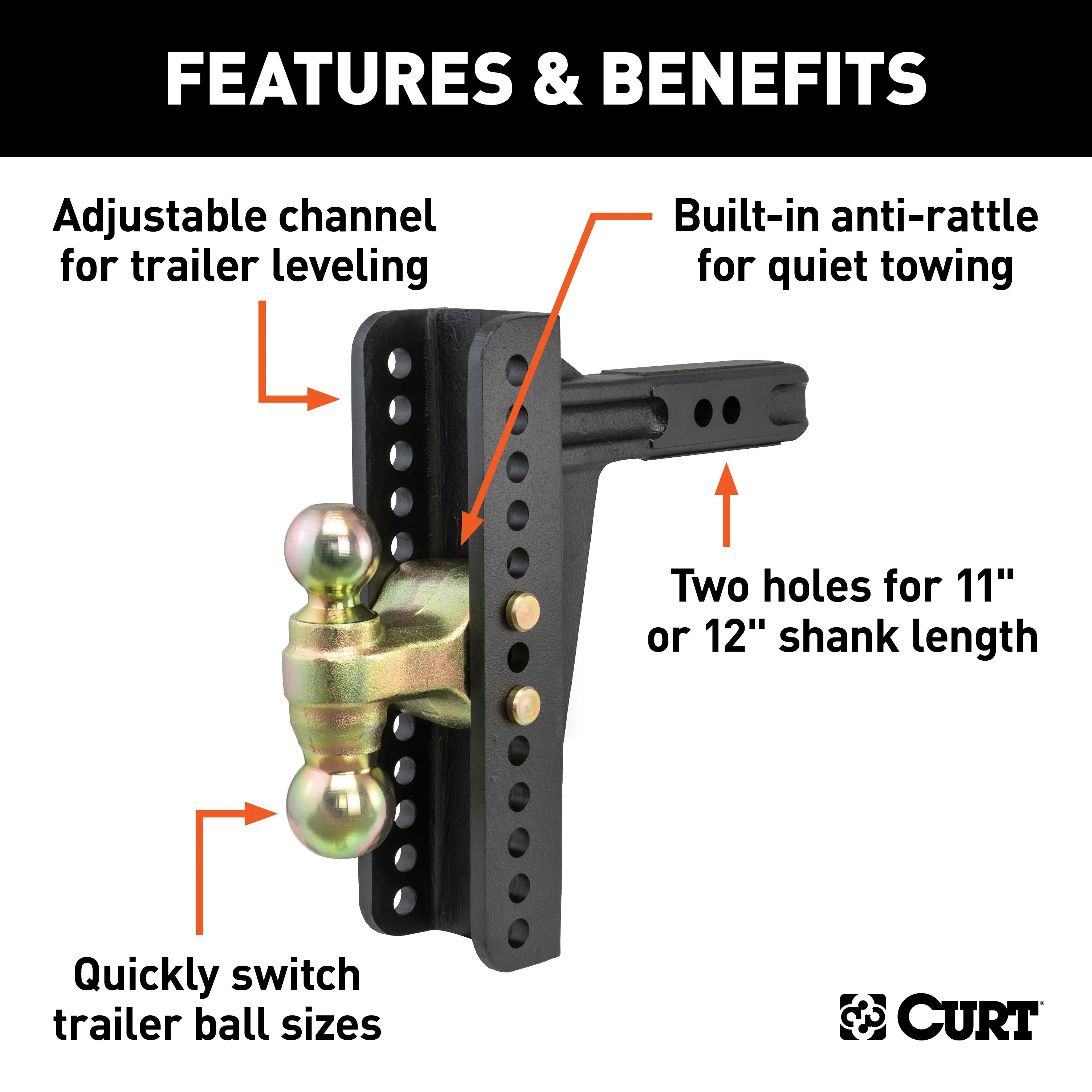 CURT 45926 Adjustable Channel Mount with Dual Ball (2in. Shank; 14;000 lbs.; 10-1/8in. Drop