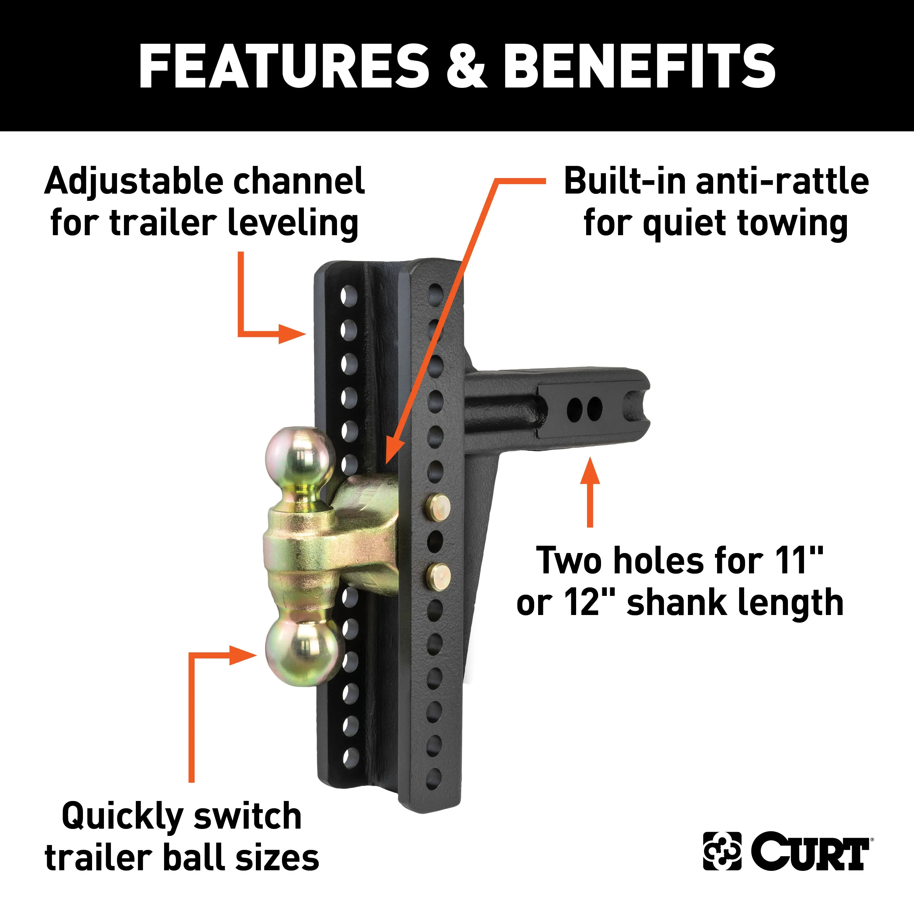 CURT 45927 Adjustable Channel Mount; Dual Ball (2-1/2in. Shank; 20;000 lbs.; 10-3/8in. Drop