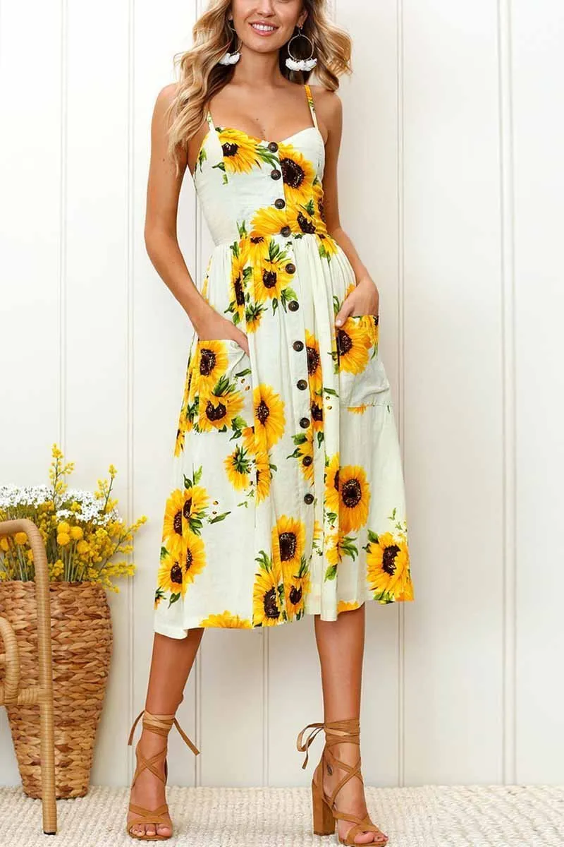 Dunnmall Sunflower Print Camisole Dress