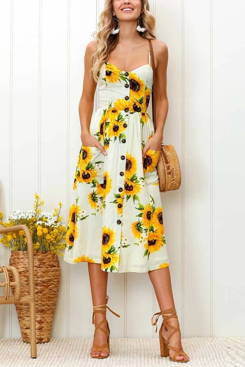 Dunnmall Sunflower Print Camisole Dress