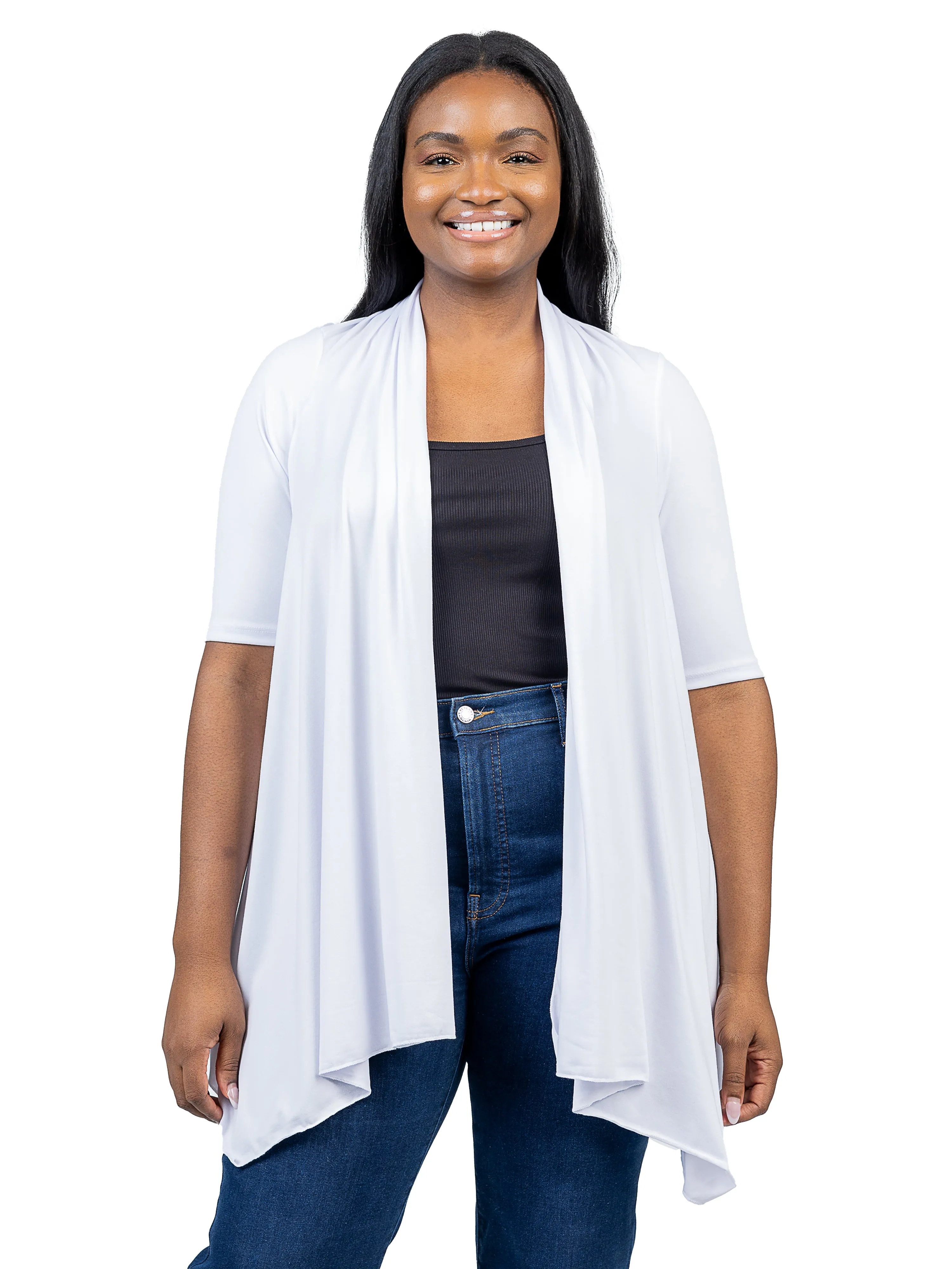 Elbow Length Sleeve Open Front Plus Size Cardigan