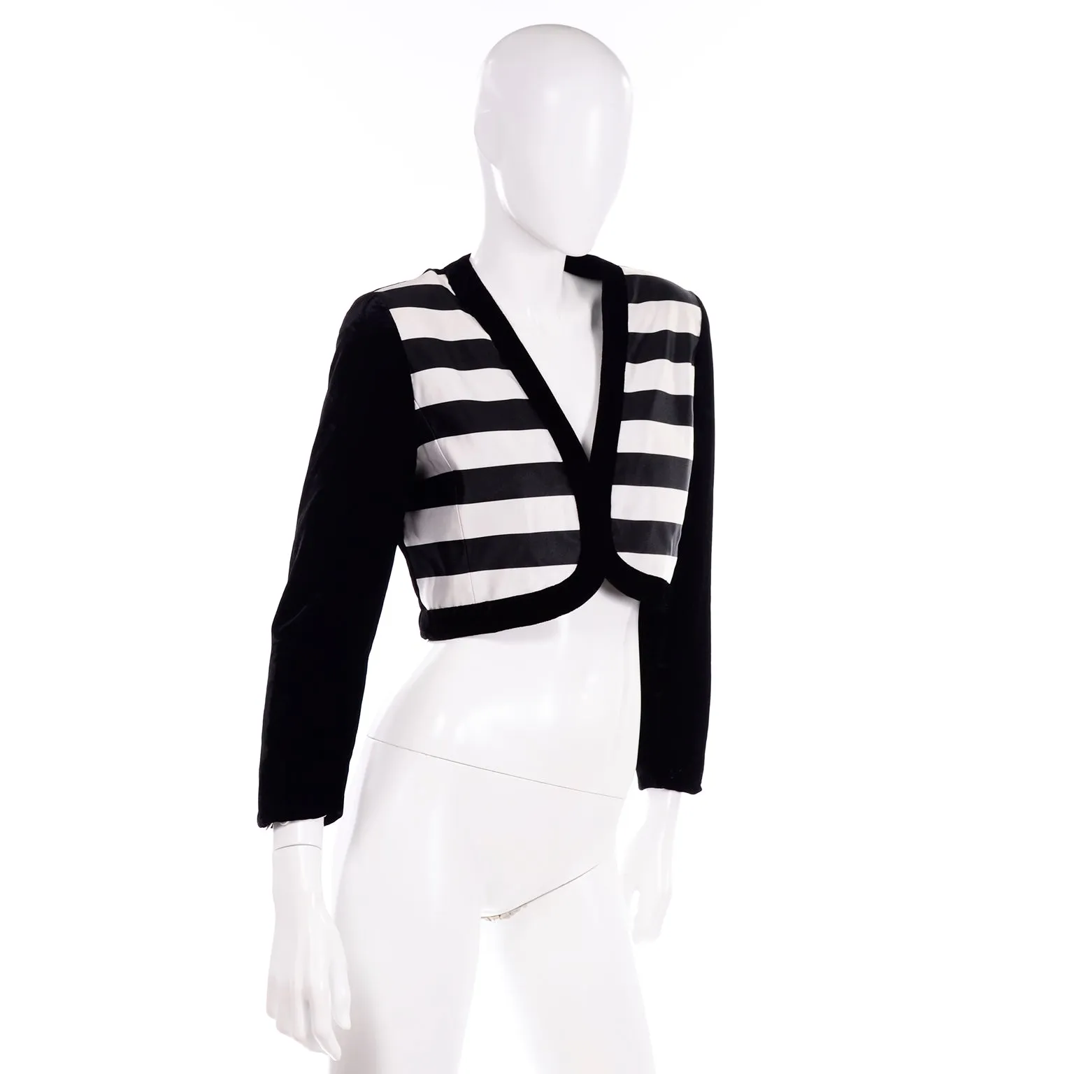 Escada Couture Black and White Striped Velvet Cropped Evening Jacket