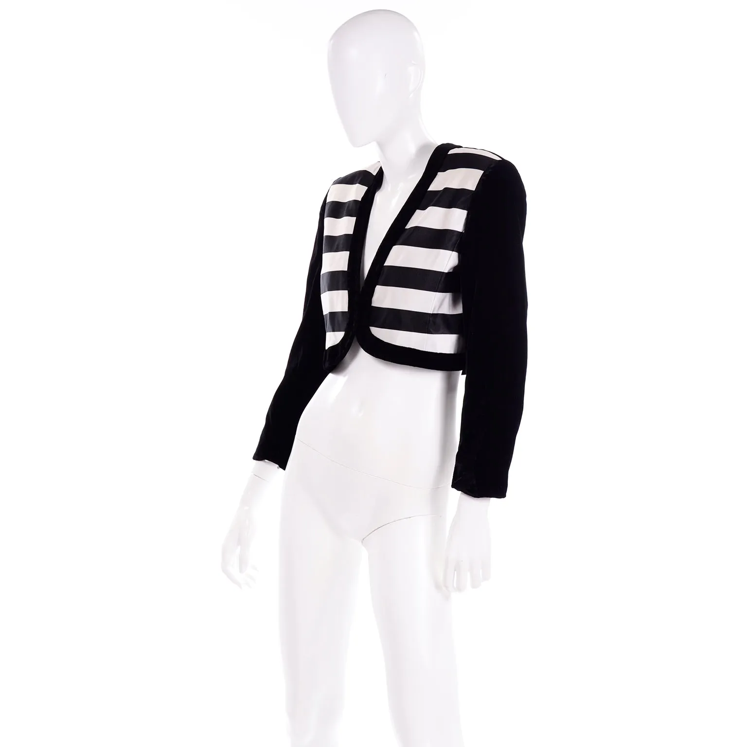 Escada Couture Black and White Striped Velvet Cropped Evening Jacket