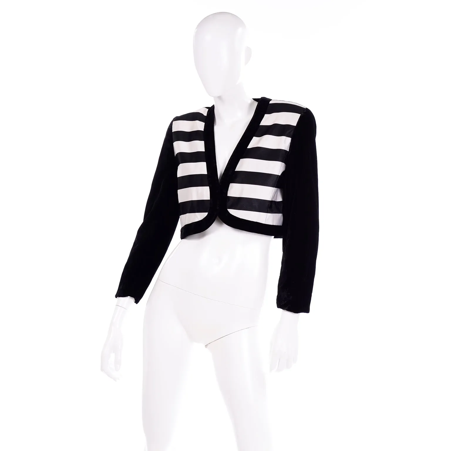 Escada Couture Black and White Striped Velvet Cropped Evening Jacket