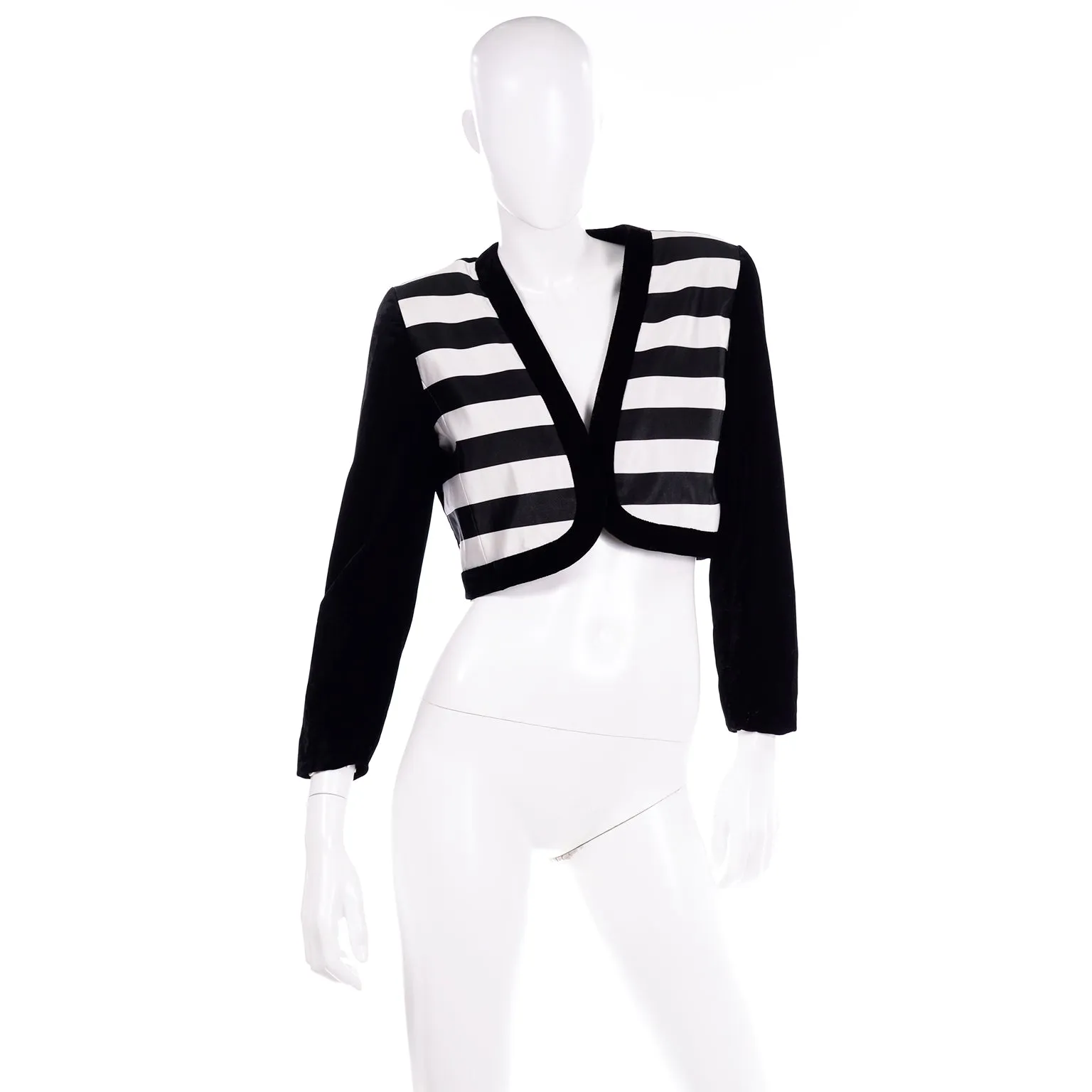 Escada Couture Black and White Striped Velvet Cropped Evening Jacket