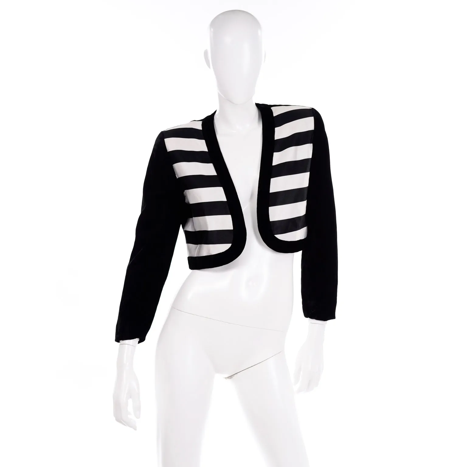Escada Couture Black and White Striped Velvet Cropped Evening Jacket