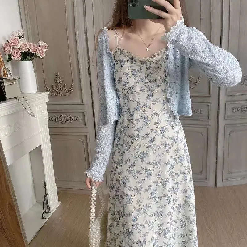 Fashionkova  Women Sleeveless Dresses Blue Floral Print Female Long Dress Elegant Students Sweet Kawaii High Waist A-Line Korean Style Trendy