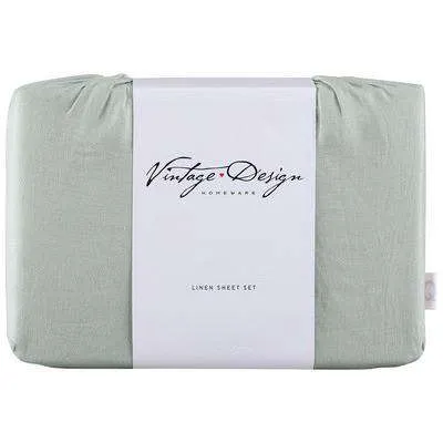 Fog Green Vintage Style Linen Sheet Set