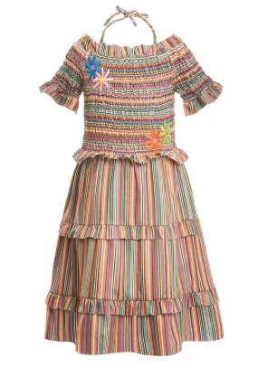 Girls Off The Shoulder Colorful Stripe Smocked Top Dress