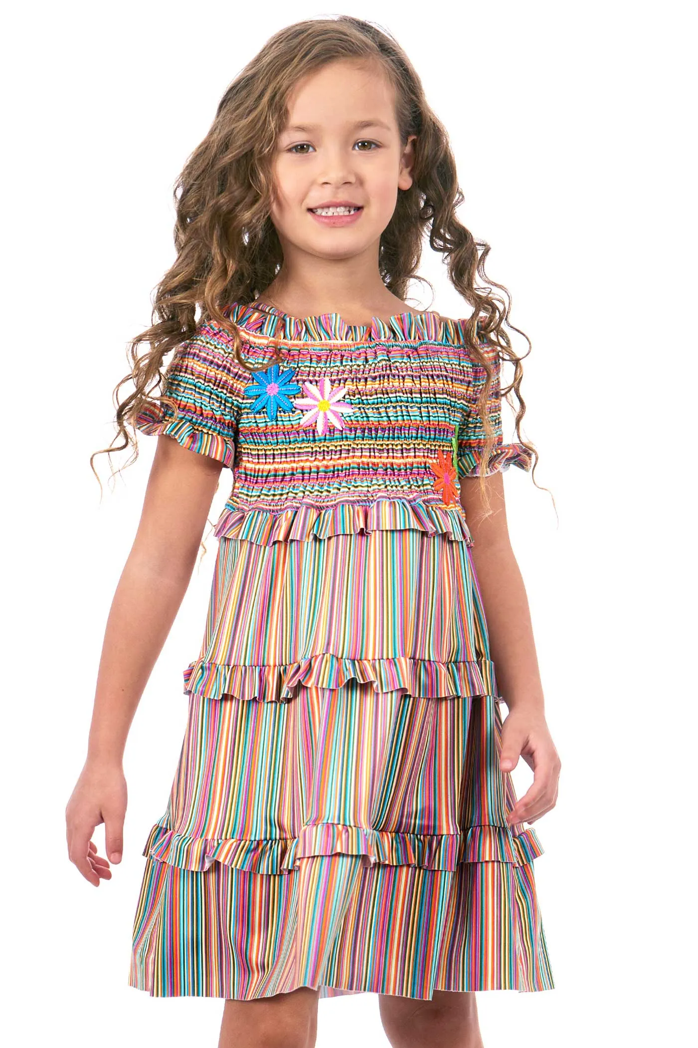 Girls Off The Shoulder Colorful Stripe Smocked Top Dress