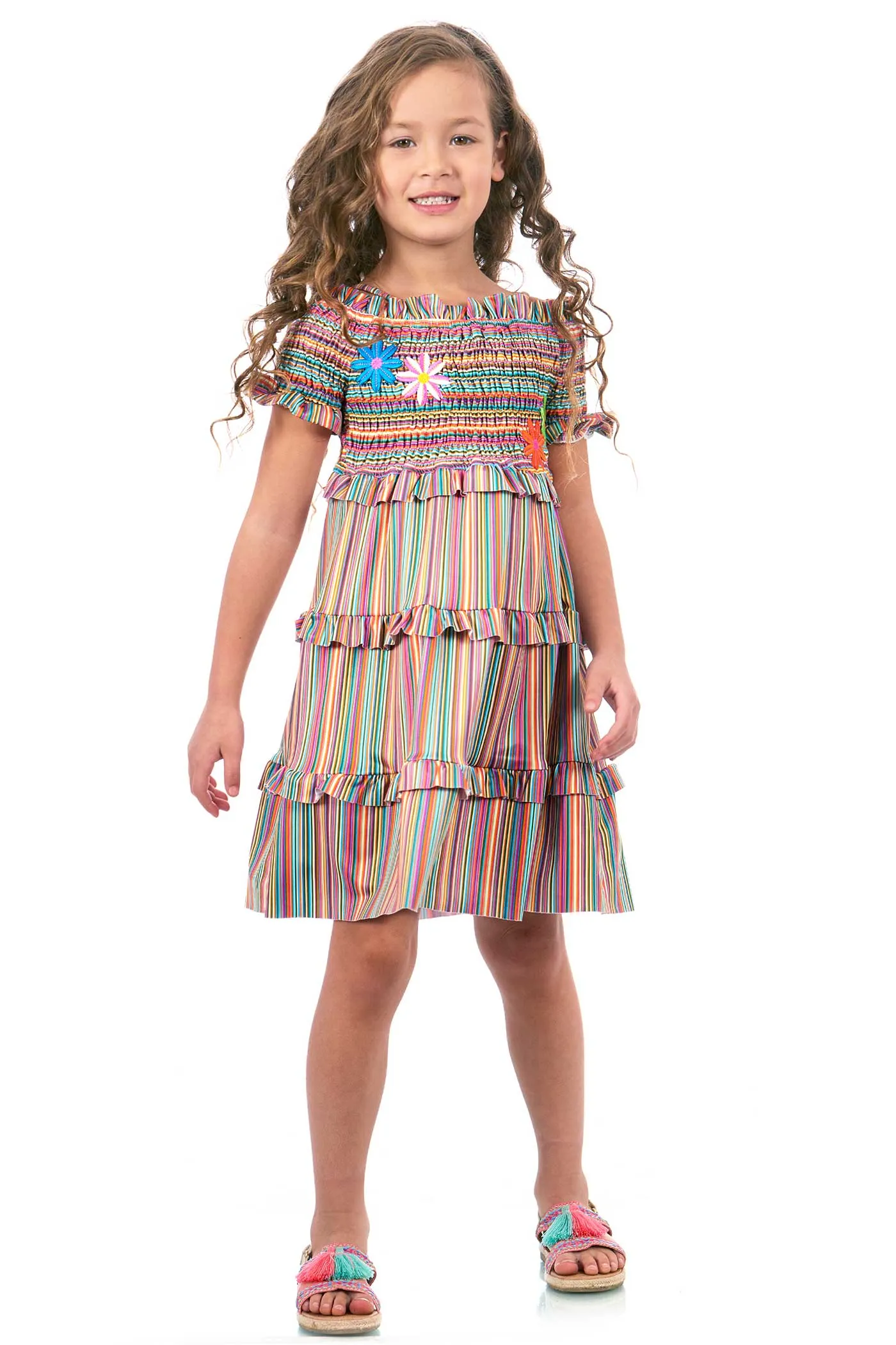 Girls Off The Shoulder Colorful Stripe Smocked Top Dress