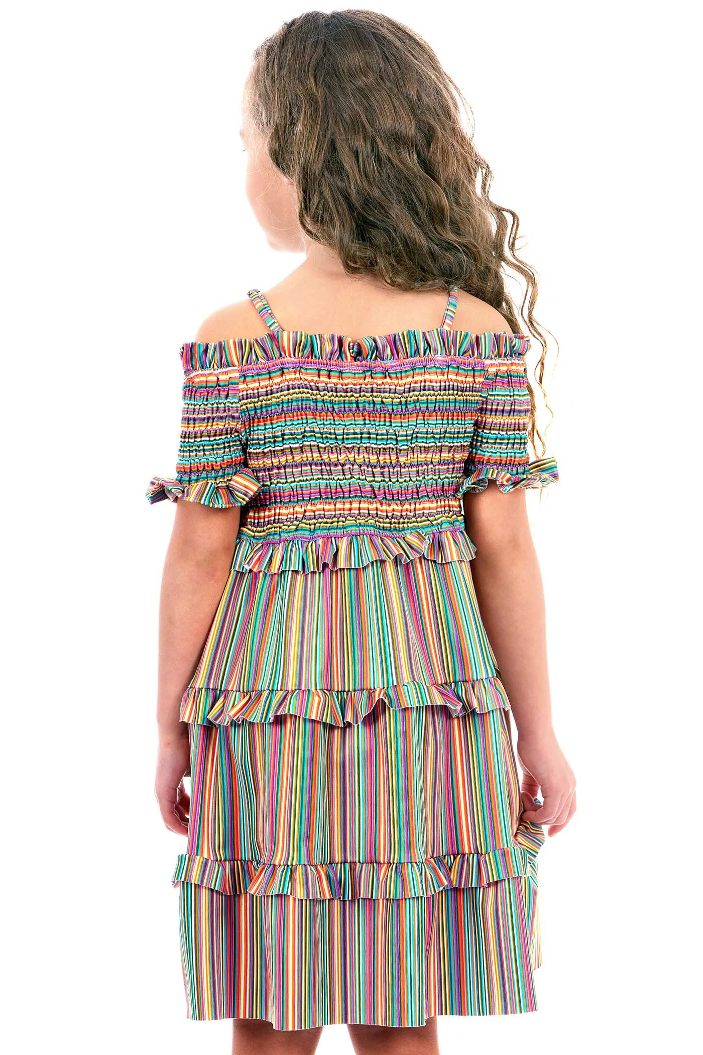 Girls Off The Shoulder Colorful Stripe Smocked Top Dress