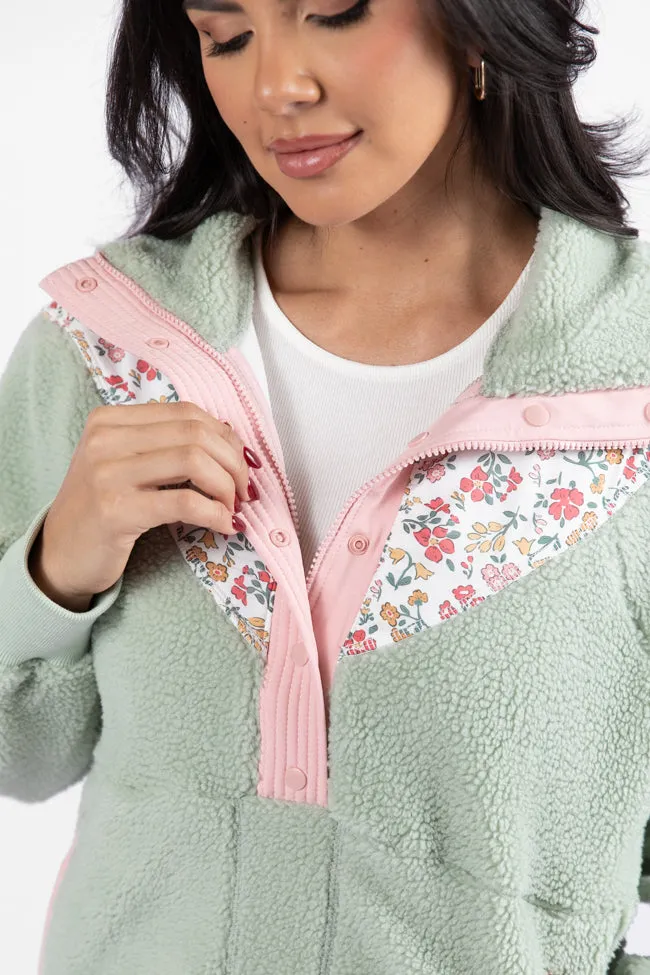 Good Feelings Sage Floral Multi Colorblock Sherpa Pullover SALE