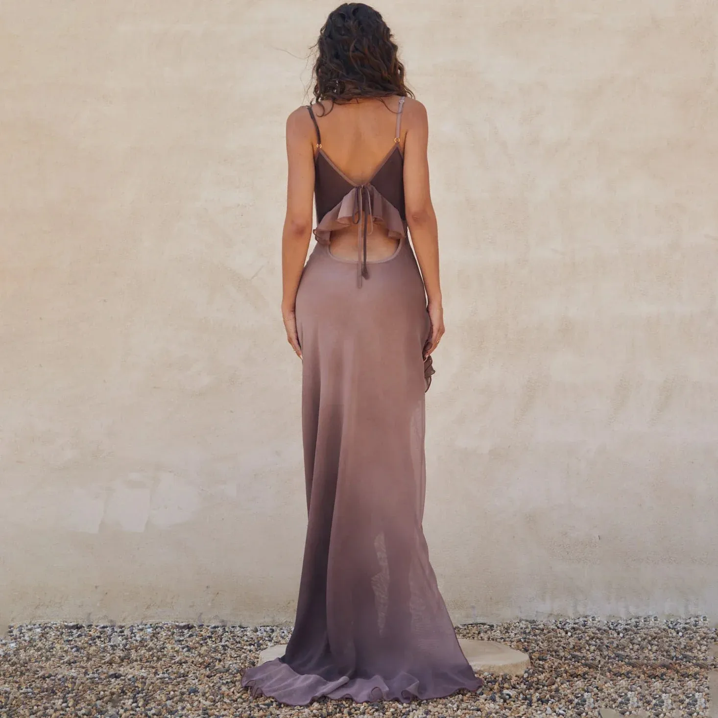Gradient Print Sleeveless Maxi Vestido Mesh See Through Asymmetrical High Split Wrapped Hip Dress