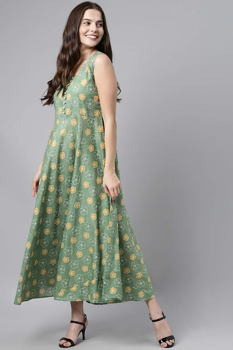 Green Cotton Floral Print Maxi Dress