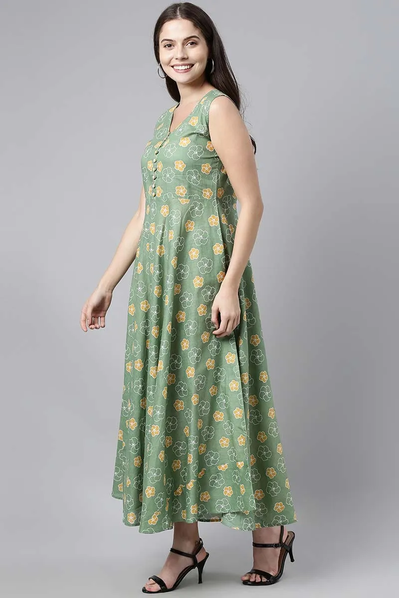 Green Cotton Floral Print Maxi Dress