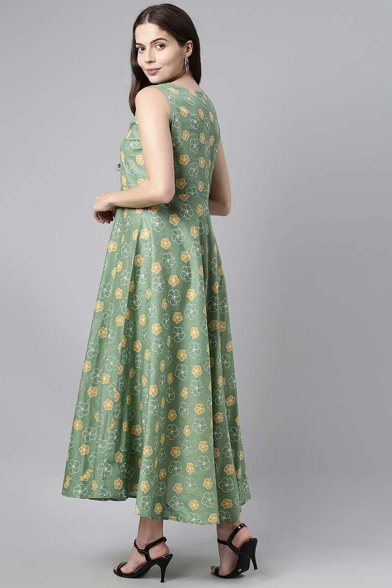 Green Cotton Floral Print Maxi Dress