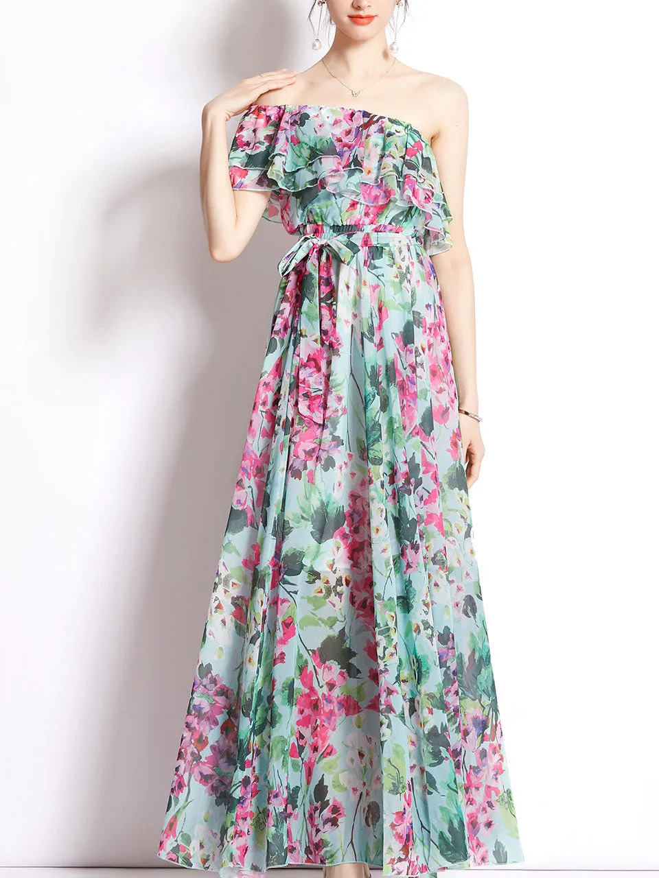 Green One Shoulder Rose Floral Print Ruffles Boho Dress Maxi Dress