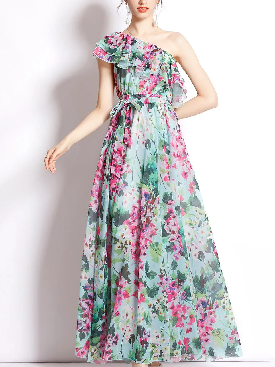 Green One Shoulder Rose Floral Print Ruffles Boho Dress Maxi Dress