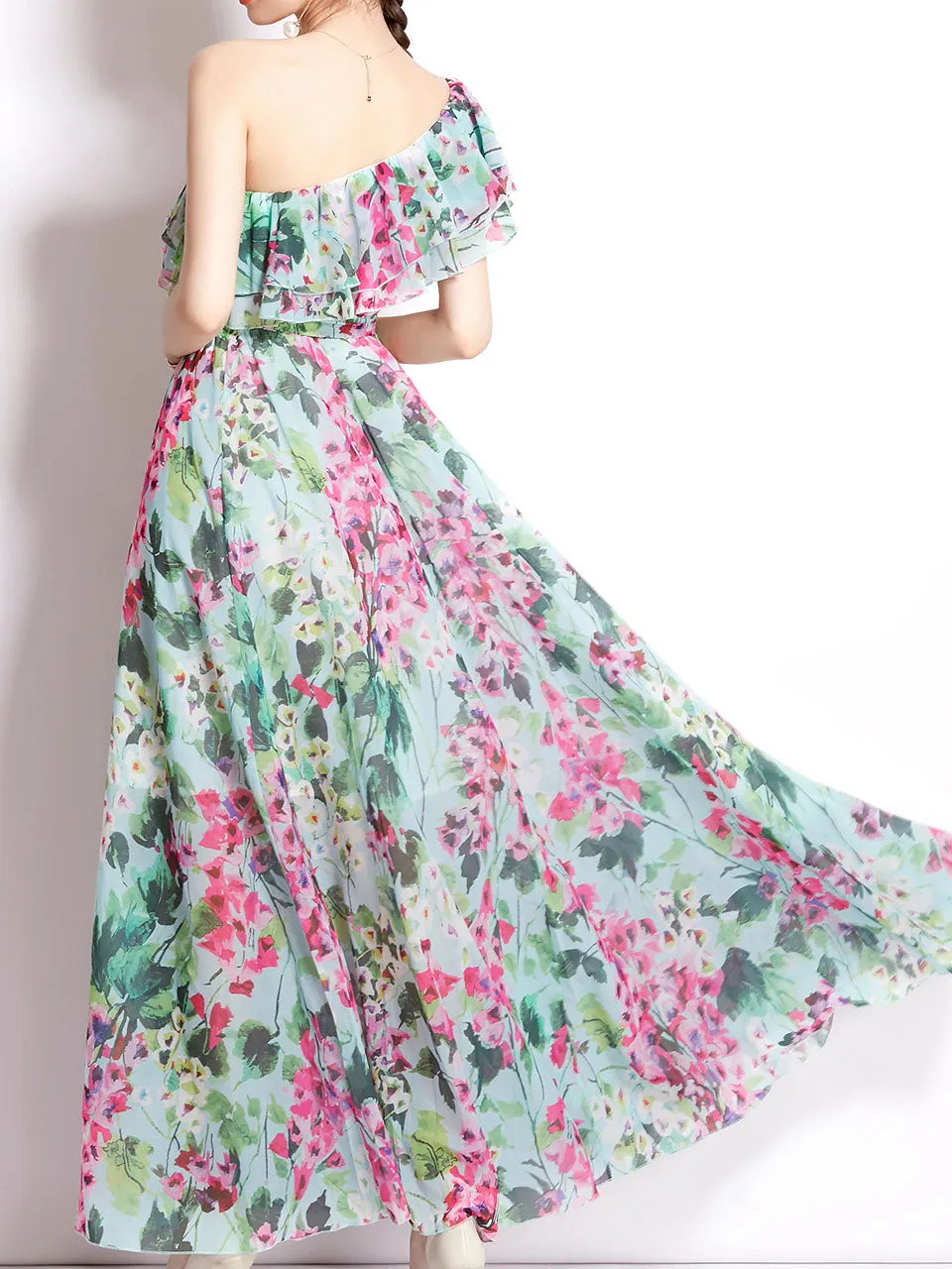 Green One Shoulder Rose Floral Print Ruffles Boho Dress Maxi Dress