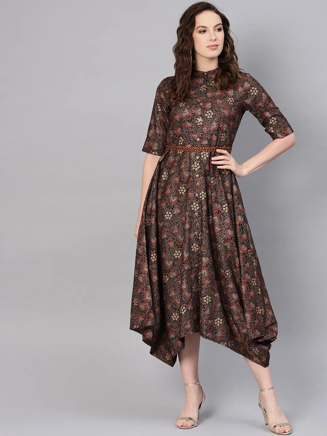 Jashvi Black Rayon Printed Asymmetric Dress With Belt