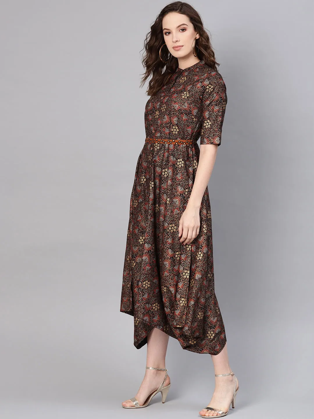 Jashvi Black Rayon Printed Asymmetric Dress With Belt