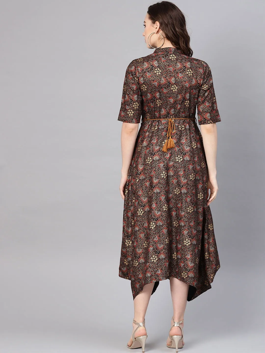 Jashvi Black Rayon Printed Asymmetric Dress With Belt