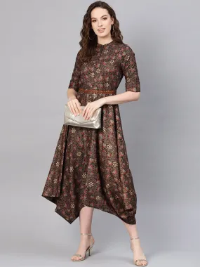 Jashvi Black Rayon Printed Asymmetric Dress With Belt