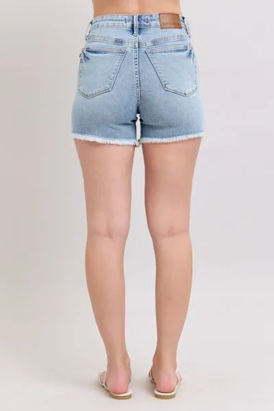 Judy Blue Full Size Tummy Control Raw Hem Denim Shorts – Plus Size Comfort & Style | Sizes S-3XL